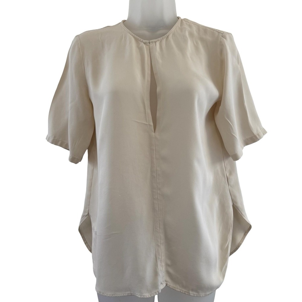 Theory Blouse Womens Small White 100% Silk Classic GGT Split Neck Short Sleeve - Picture 4 of 16
